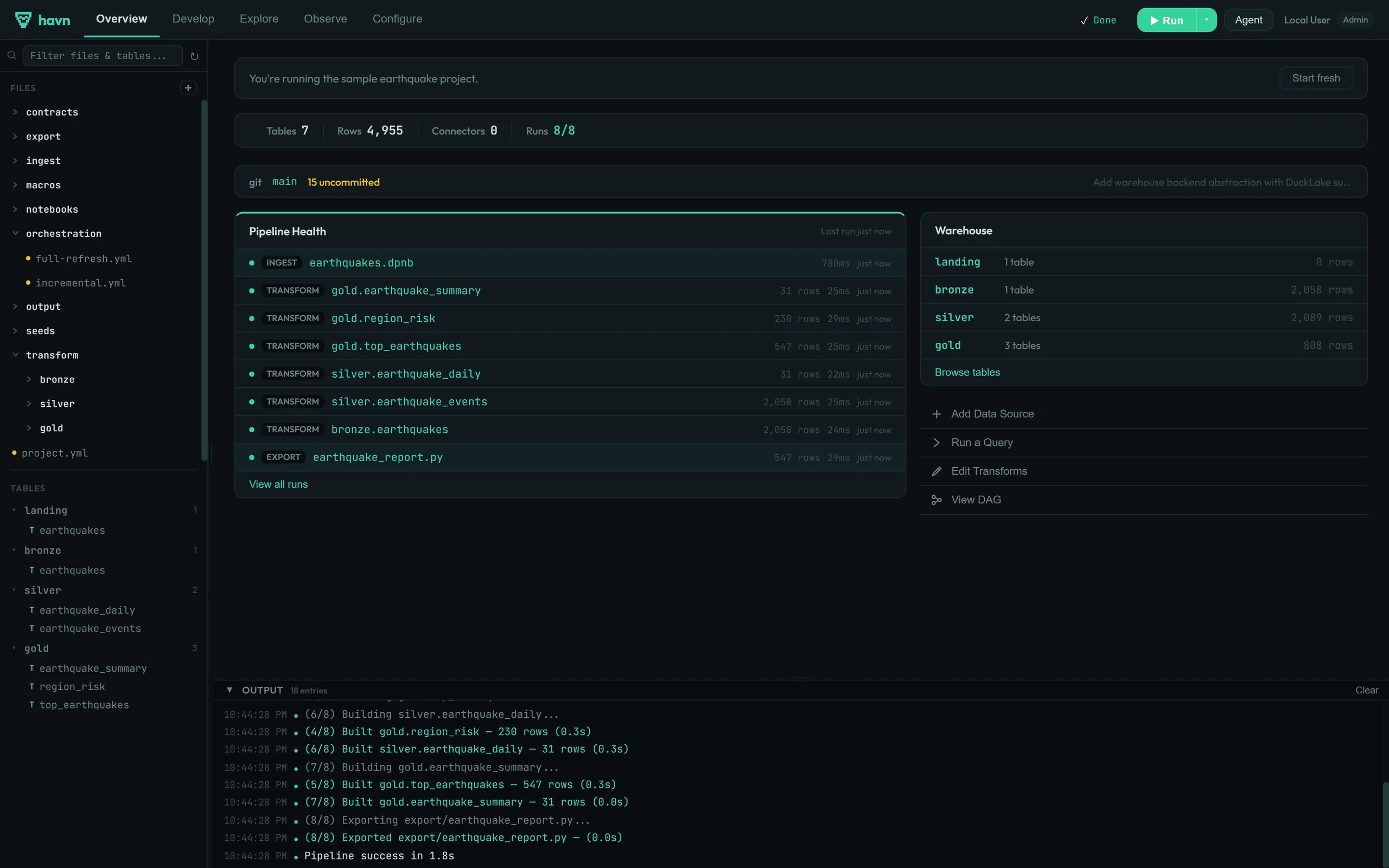 havn web UI showing the project overview: pipeline health with running models, warehouse schemas, and live log output